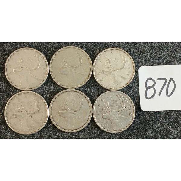 LOT OF 6 - 1940-1965 CDN 25 CENT COINS