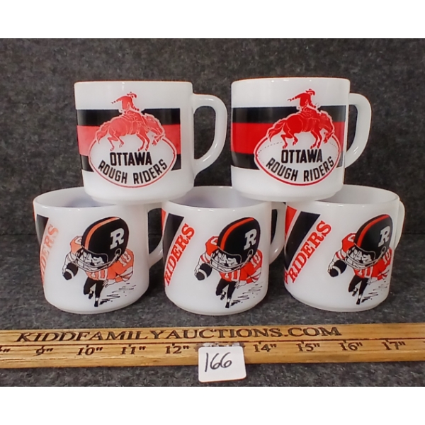 LOT OF 5 - FIRE KING MILK GLASS STACKABLE MUGS - OTTAWA ROUGH RIDERS