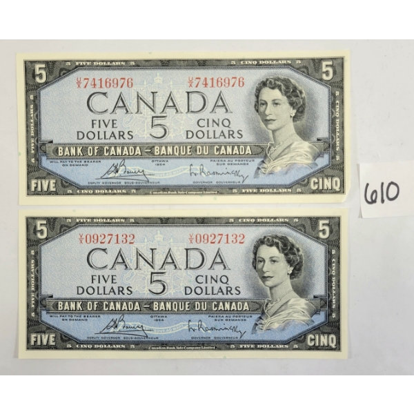 LOT OF 2 - 1954 CDN $5 BANKNOTES - UNCIRCULATED