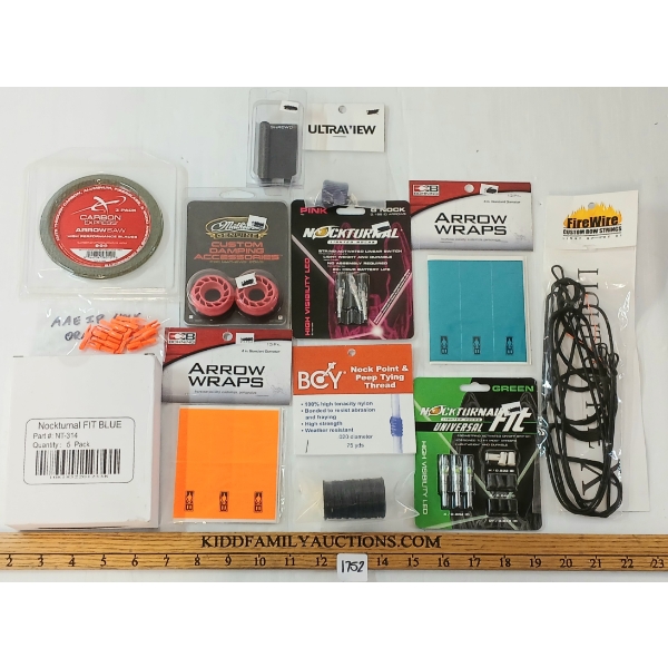 LOT OF 12 - ARCHERY ACCESSORIES - PEEP TYING THREAD, SCOPEROD, NOCKS, ETC