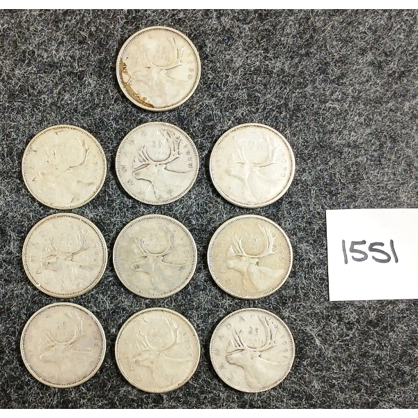 LOT OF 10 - 1949-1966 CDN 25 CENT SILVER COINS