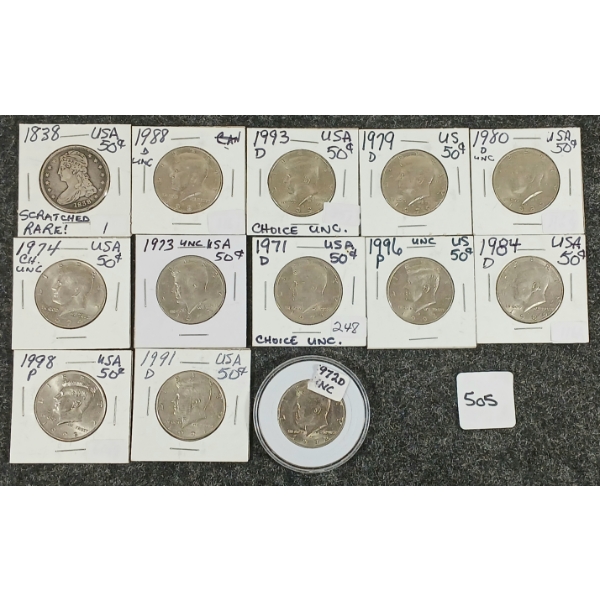 LOT OF 13 - 1838-1998 US 50 CENT COINS - INCL SILVER 