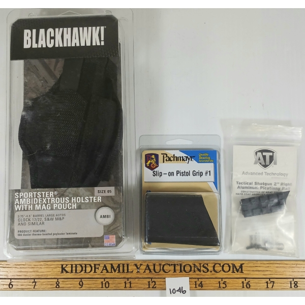 LOT OF 3 - BLACKHAWK SPORTSTER HOLSTER W/ MAG POUCH, SLIP-ON  PISTOL GRIP #1 & PICATINNY RAIL