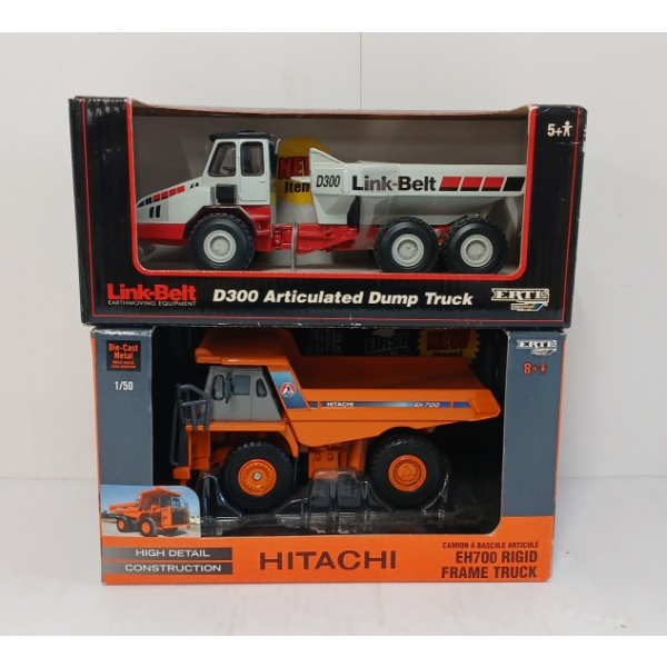 LOT OF 2 - ERTL DIECAST LINK-BELT D300 AGRICULTURAL DUMP TRUCK & HITACHI EH700 RIGID FRAME TRUCK