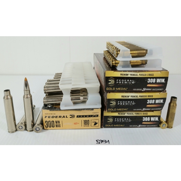 AMMO / BRASS: 5X FEDERAL .300 WIN MAG - 180GR - LIVE - 60X .308 WIN / 12X .300 WIN MAG BRASS
