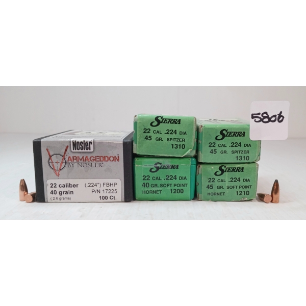 BULLETS: APPROX 203X NOSLER & SIERRA .22 - 35, 40 & 45GR - FBHP, SP, & SPITZER