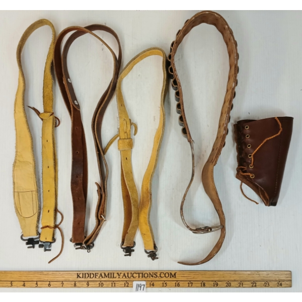 LOT OF 5 - LEATHER SLINGS, SHOTSHELL BELT & WRIST GUARD
