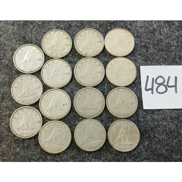 LOT OF 15 - 1953-1968 CDN 10 CENT COINS - INCL SILVER