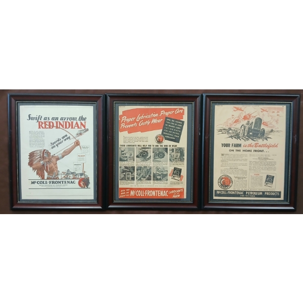 LOT OF 3 - FRAMED MCCOLL-FRONTENAC & RED INDIAN PAPER ADVERTISEMENTS