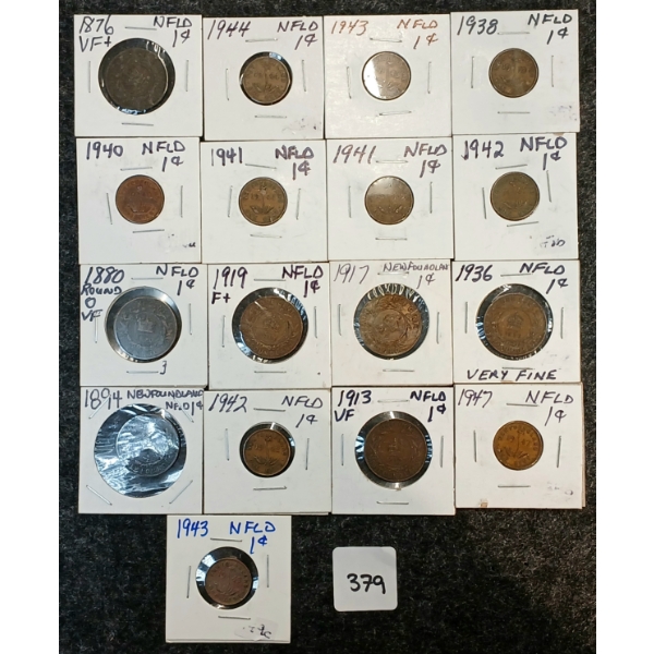 LOT OF 17 - 1876-1947 NEWFOUNDLAND 1 CENT COINS 