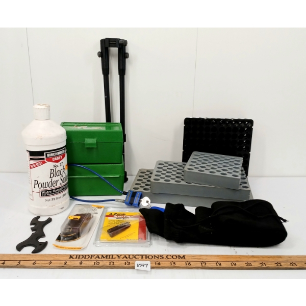 JOB LOT - BLACK POWDER SOLVENT, RELOAD CASES, GUN SOCKS, LOCK, BIPOD, ETC