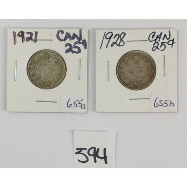 LOT OF 2 -1921 & 1928 25 CENT SILVER COINS
