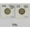 Image 1 : LOT OF 2 -1921 & 1928 25 CENT SILVER COINS