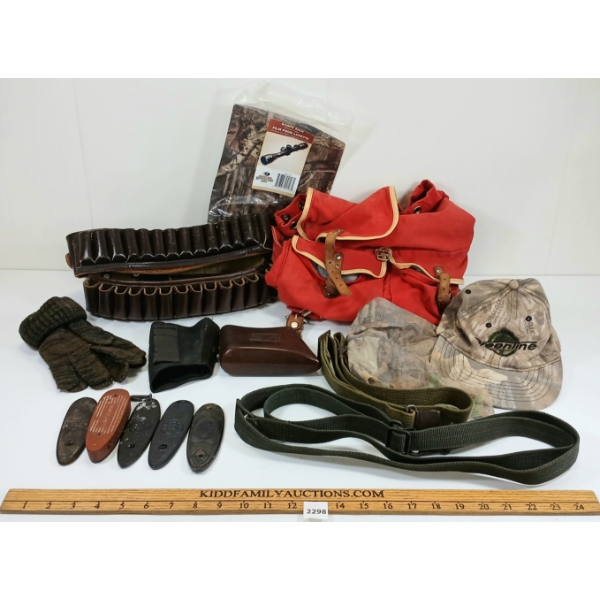 JOB LOT - CARTRIDGE BELTS, RECOIL PADS, SCOPE SKIN, ECT.