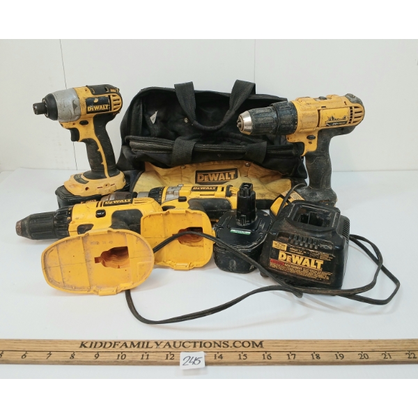 JOB LOT - DEWALT WIRELESS 18V & 20V DRILLS, BATTERIES, CHARGER & TOOL BAG