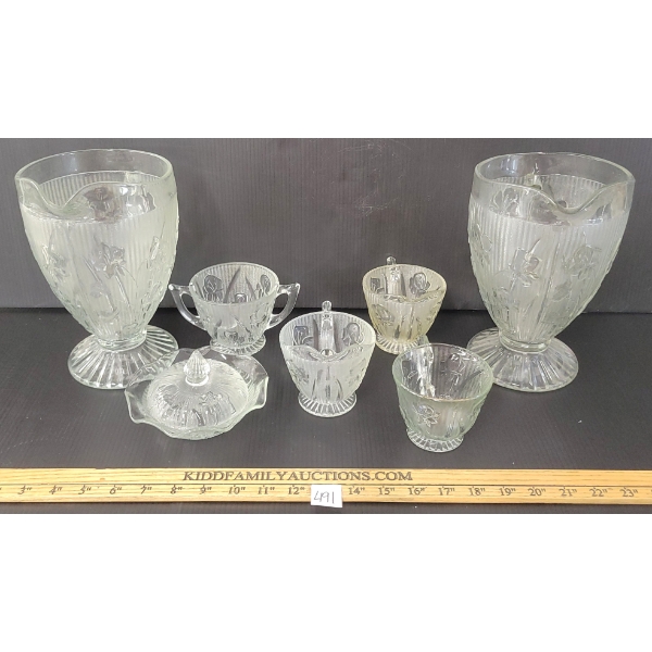 LOT OF 8 - JEANNETTE IRIS & HERRINGBONE CLEAR DEPRESSION GLASS PCS