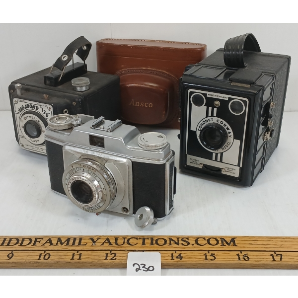 LOT OF 3 - 1953 ANSCO MEMAR PRONTO, 1950 VAGABOND 120 & 1950 CORONET CAMERAS