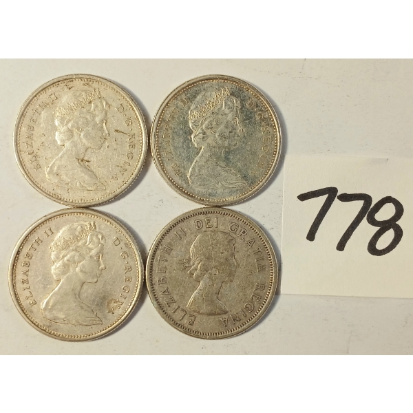 LOT OF 4 - 1943 CDN 25 CENT SILVER COINS