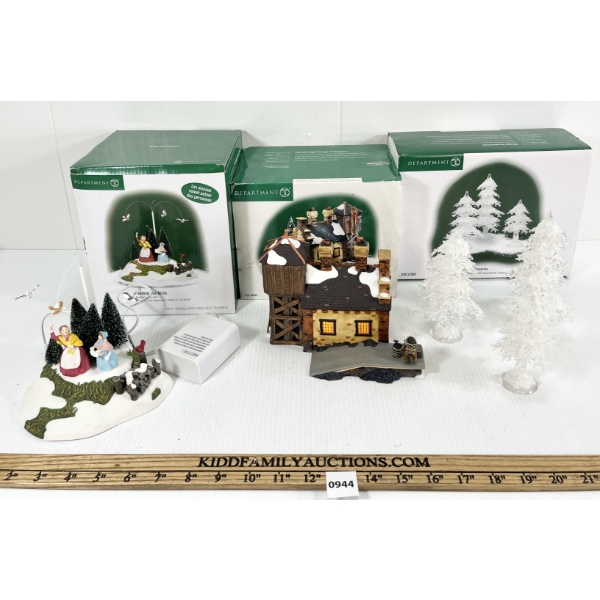 LOT OF 3 - DEPARTMENT 56 VILLAGE - INCL LOCOMOTIVE SHED & ICY TREES, ETC.