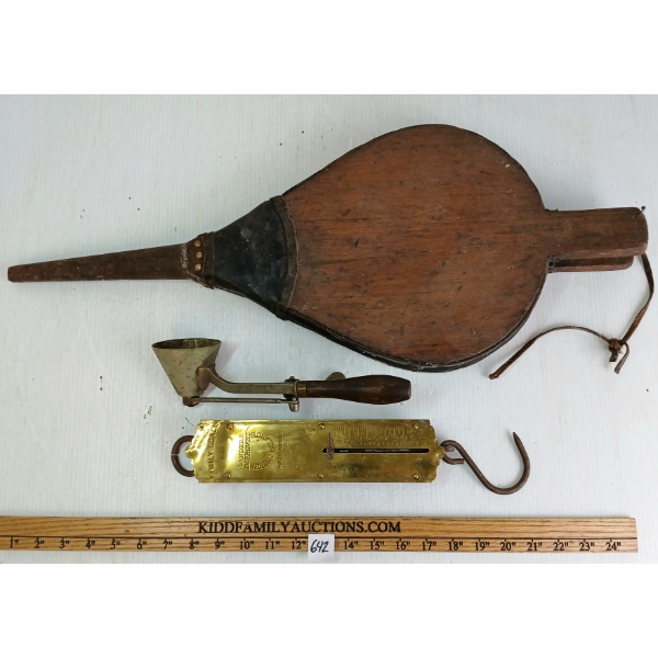 LOT OF 3 - GILCHRIST'S NO. 33 ICE-CREAM SCOOP, BRASS FAMILY SCALE 9053 & BELOW