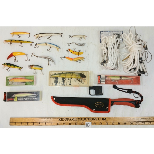 JOB LOT - FISHING LURES, MATZUO FILET KNIFE, ZEBCO DE-LIAR, POLY STRINGER, ETC