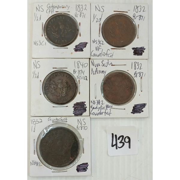 LOT OF 5 - 1832 & 1840 NOVA SCOTIAN HALF & FULL PENNY TOKENS