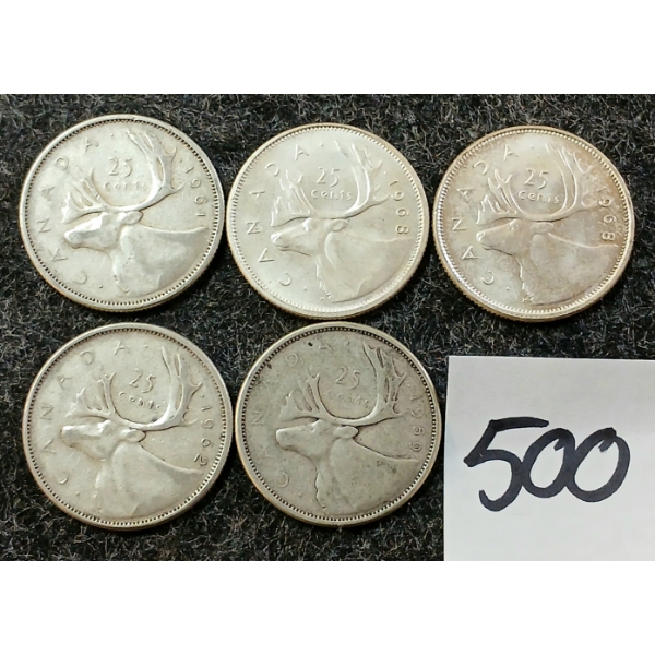 LOT OF 5 - 1959-1968 CDN 25 CENT SILVER COINS