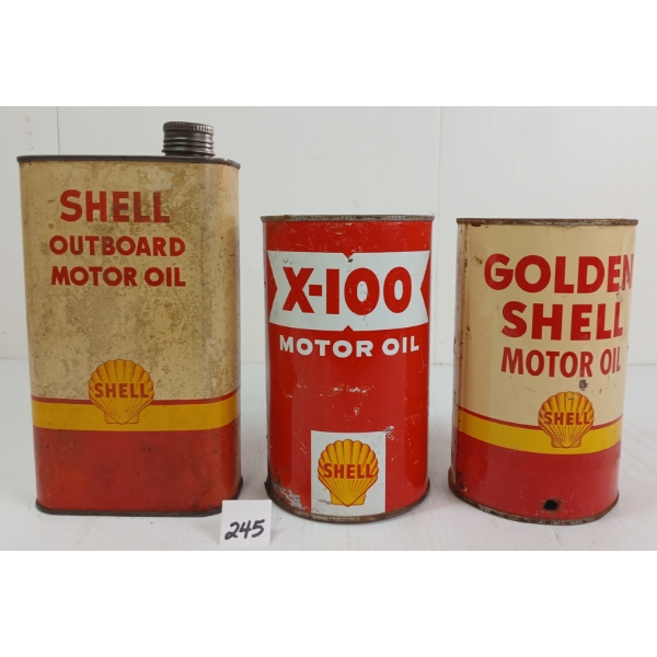 LOT OF 3 - SHELL MOTOR OIL INCL X-100, GOLDEN SHELL & OUTBOARD MOTOR QT CANS