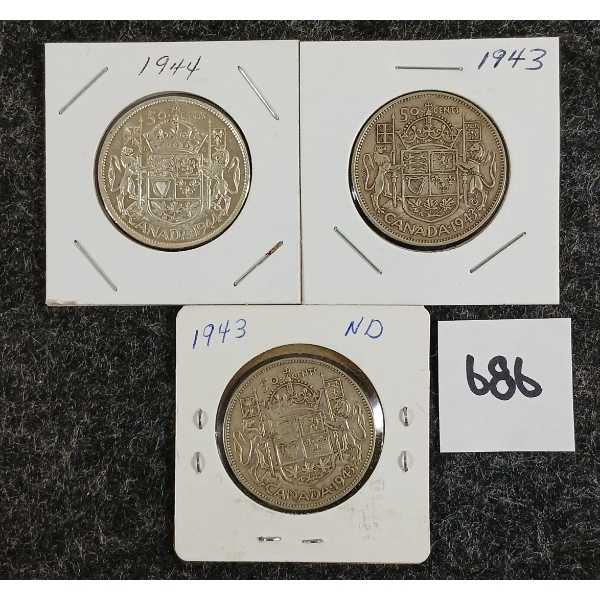 LOT OF 3 - 1943 & 1944 CDN 50 CENT SILVER COINS