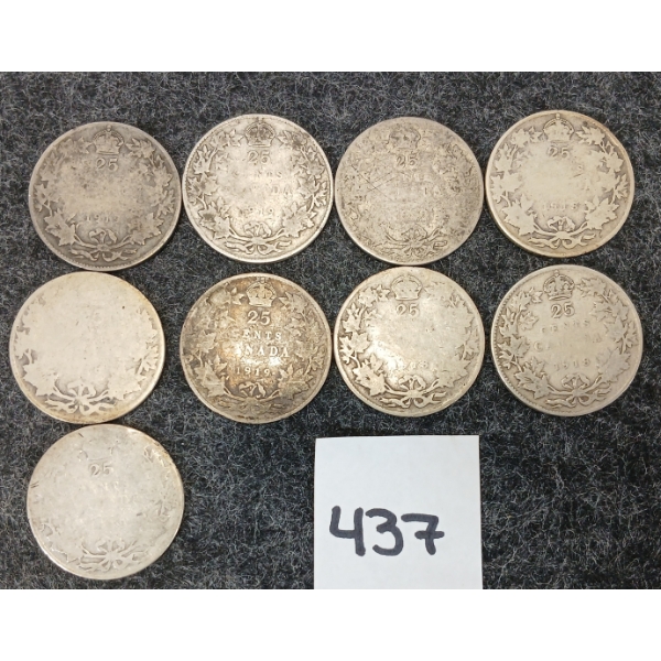 LOT OF 9 - 1918 - 1919 CDN SILVER 25 CENT PCS