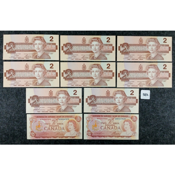 LOT OF 10 - 1974 & 1986 CDN $2 BANKNOTES - INCL CONSECUTIVE & UNCIRCULATED