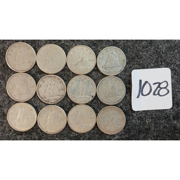LOT OF 12 - 1949-1966 CDN 10 CENT COINS