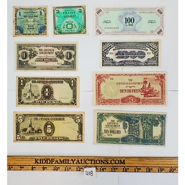 LOT OF 9 - WWII JAPANESE OCCUPATIONAL BANKNOTES