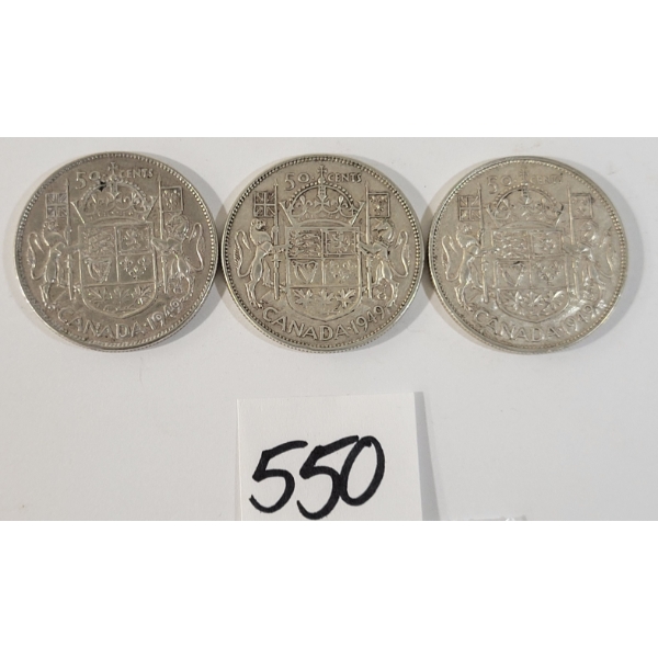 LOT OF 3 - 1949 CDN 50 CENT SILVER COINS