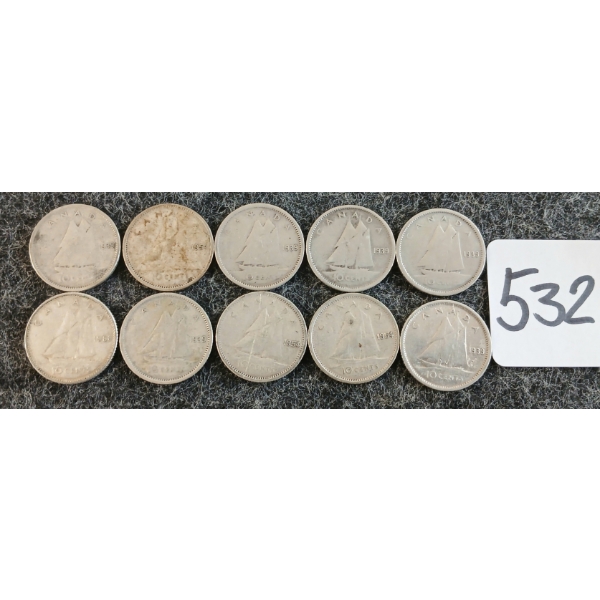 LOT OF 10 - 1939-1954 CDN 10 CENT COINS