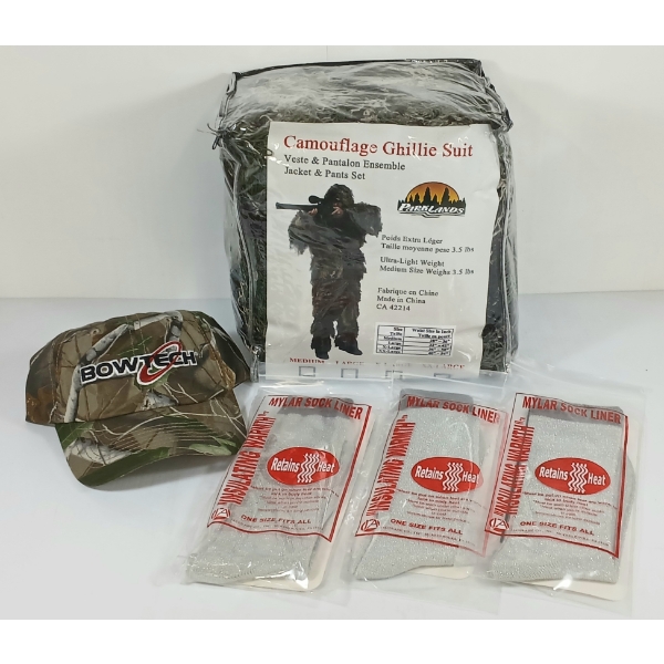 LOT OF 5 - PARKLANDS CAMO GHILLIE SUIT, BOWTECH HAT & MYLAR SOCK LINERS