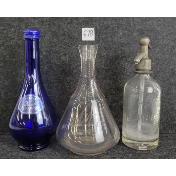 LOT OF 3 - BOTTLES - INCL BUDAPEST SELTZER, SELTZER FLASK, & COBALT BLUE OVOID AQUA DELLA MADONNA
