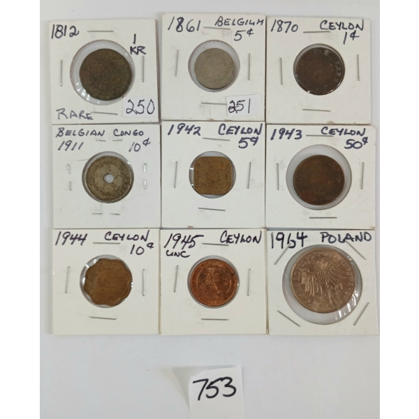 LOT OF 9 - WORLD COINS - INCL CEYLON, BELGIUM, POLAND, ETC