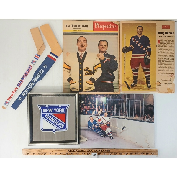 QTY OF NEW YORK RANGERS HOCKEY COLLECTIBLES - 1961 MAGAZINE, MINI STICKS, SIGNS, ETC
