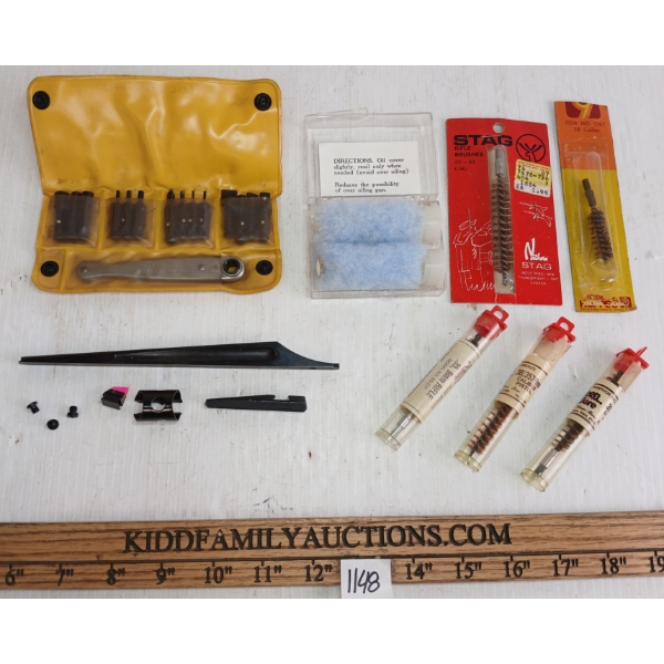 JOB LOT - RIFLE BRUSHES, OIL COVERS, CHAPMAN POCKET RATCHET KIT & MISC FIREARM PARTS