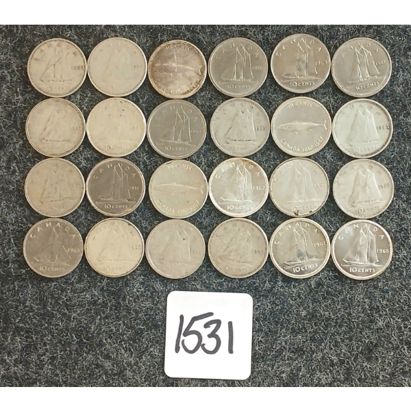 LOT OF 24 - 1945-1972 CDN 10 CENT COINS