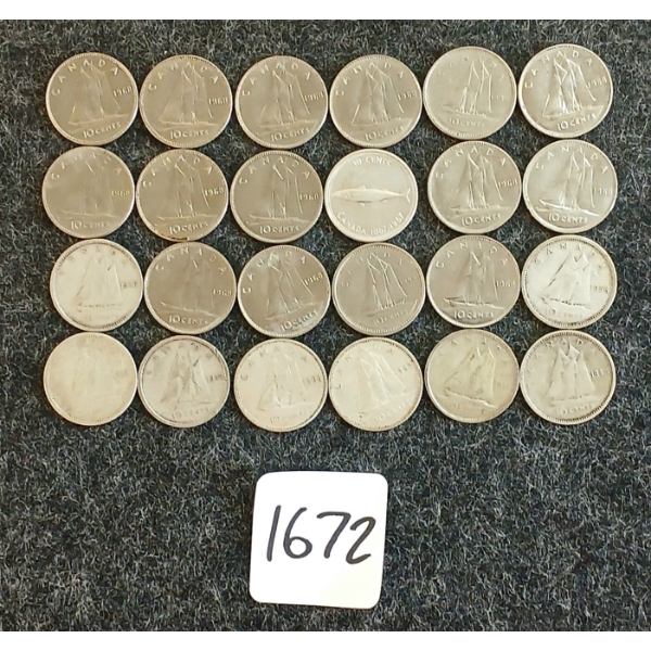 LOT OF 24 - 1942-1969 CDN 10 CENT COINS