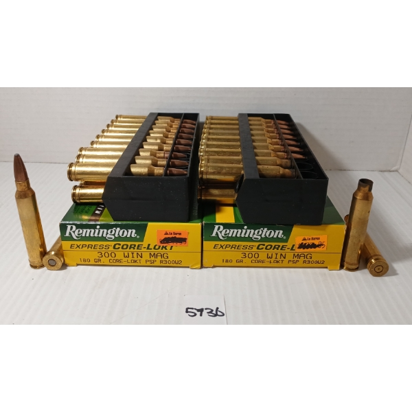 AMMO / BRASS: 34X REMINGTON .300 WIN MAG - 180GR - CORE-LOKT - PSP - 6X BRASS
