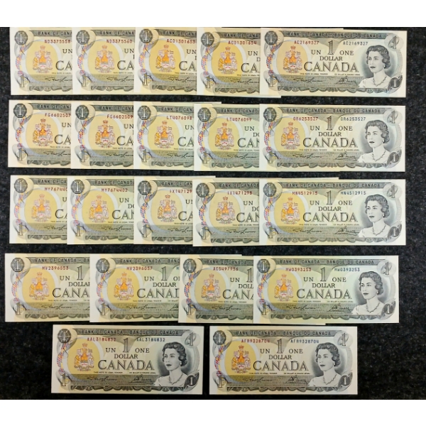 LOT OF 21 - 1973 CDN $1 BANKNOTES