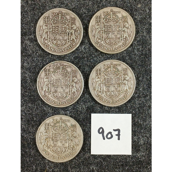 LOT OF 5 - 1942 CDN 50 CENT SILVER COINS