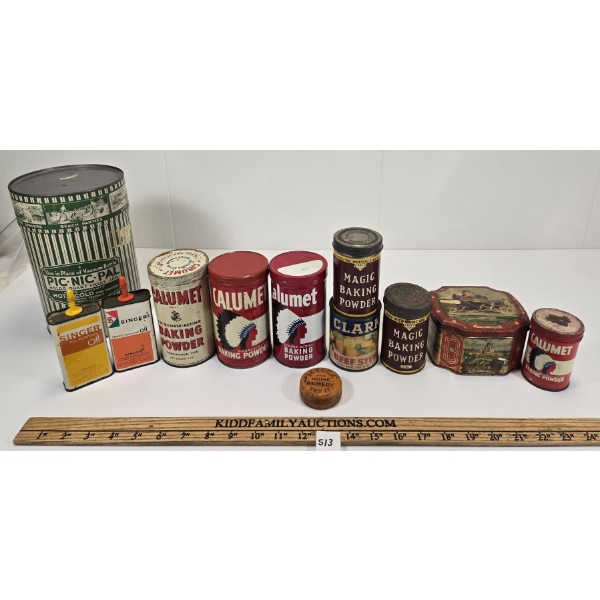 LOT OF 12 - ADVERTISING TINS - INCL PIC-NIC-PAL, CALMUT BAKING POWDER, SINGER OILERS ETC.