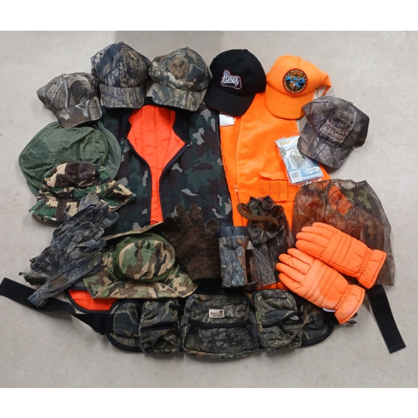 JOB LOT - HUNTER'S SPECIALTIES CAMO UTILITY PACK, FORIS SIGNS BASEBALL CAPS, ETC