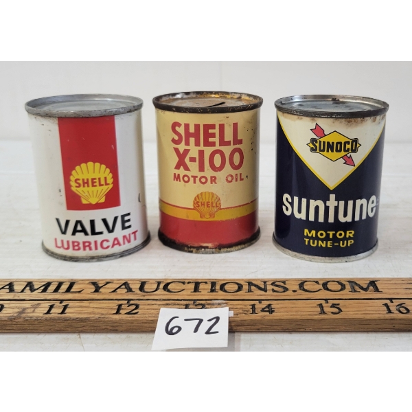 LOT OF 3 - SHELL VALVE LUBRICANT, X-100 MOTOR OIL, & SUNOCO MOTOR TUNE UP 4OZ CANS
