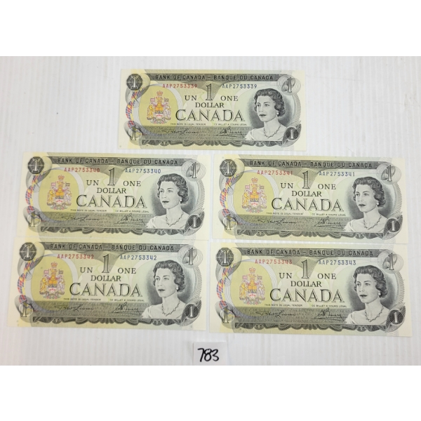 LOT OF 5 - 1973 CDN $1 BANKNOTES - SEQUENTIAL