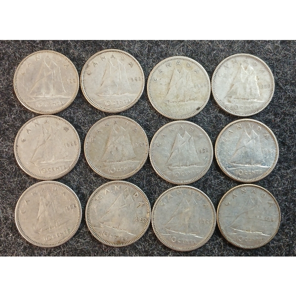 LOT OF 12 - 1950-1966 CDN 10 CENT COINS